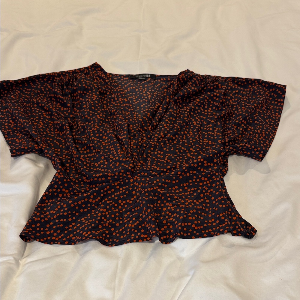 Women's Black and Orange Polka Dot Top